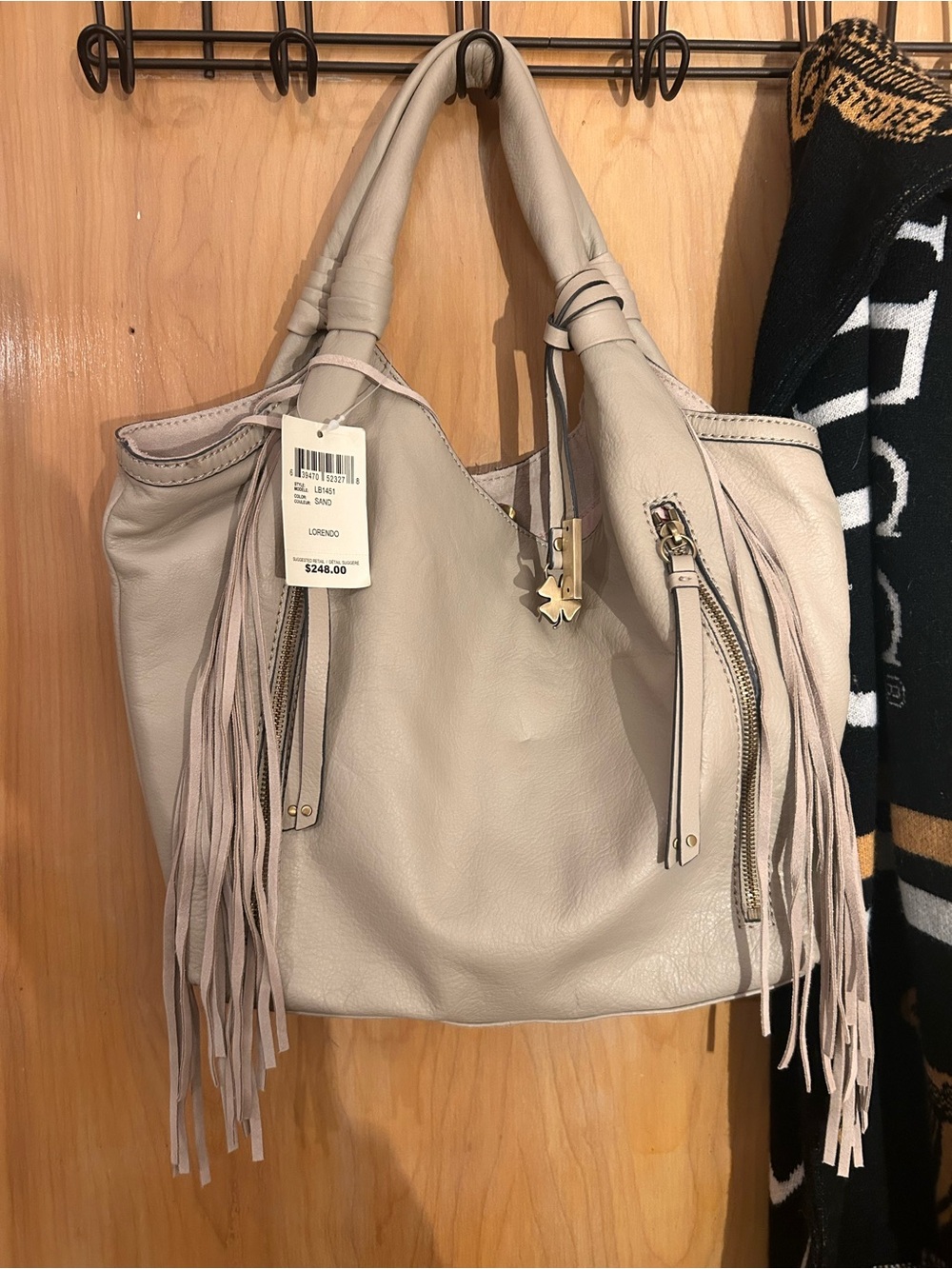Fringe Leather Hobo Bag - Beige